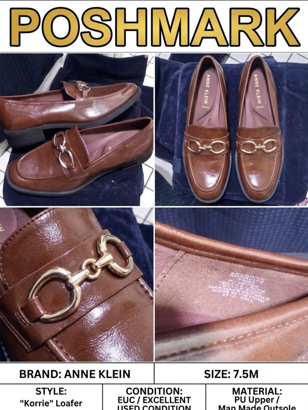 Anne Klein Brown Leather Loafers with Gold Horsebit